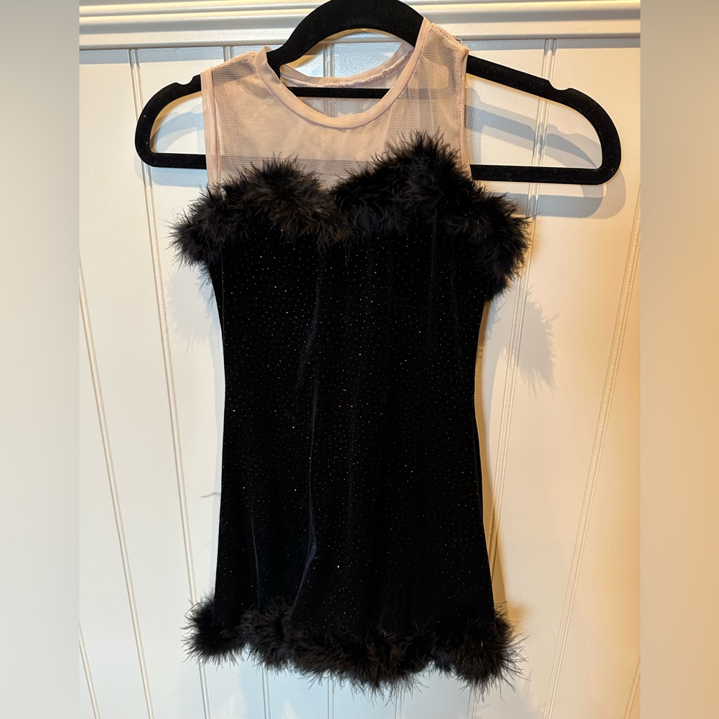 Size 8 Child Size Immediate Black Dance Costume With Tan Bodice Feather